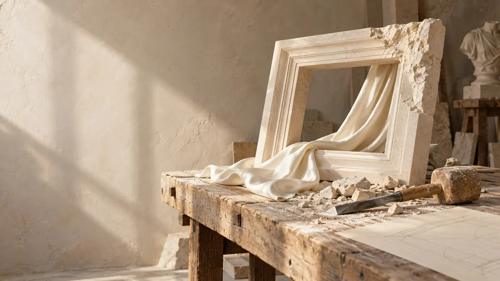 A sculptor's workbench with a carved stone frame, draped linen and chisels in soft daylight.