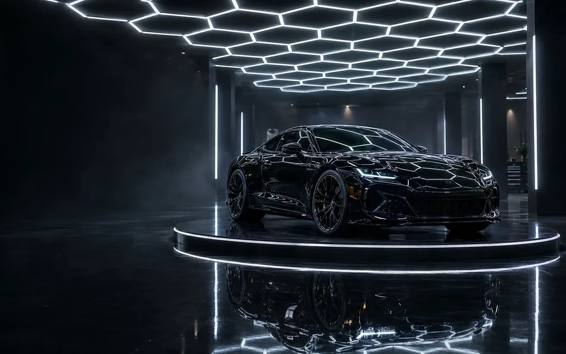 Mirrorline concept: a black car on a lit turntable under hexagonal studio lights.