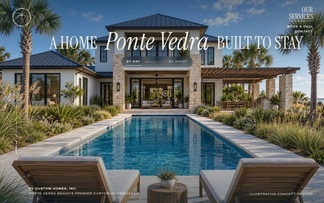 PV Custom Homes concept: a coastal home at dusk beside a pool.
